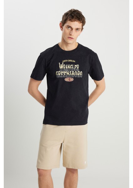 %100 Pamuk Relaxed Fit Geniş Kesim Big Logo Siyah Tişört