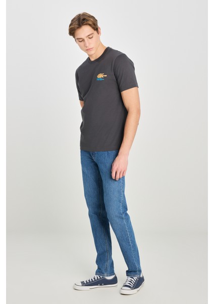 %100 Pamuk Regular Fit Normal Kesim Bisiklet Yaka Baskılı Antrasit Tişört fırsatları