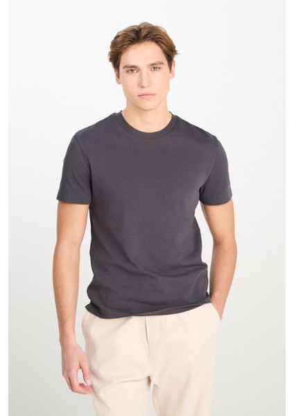 %100 Pamuk Relaxed Fit Geniş Ksim Bisiklet Yaka Antrasit Basic Tişört