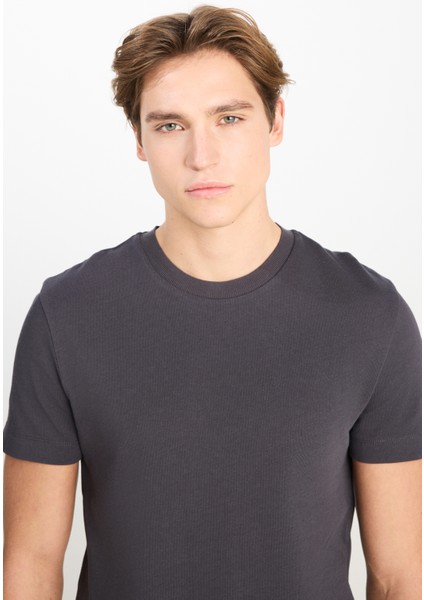 %100 Pamuk Relaxed Fit Geniş Ksim Bisiklet Yaka Antrasit Basic Tişört fırsatları