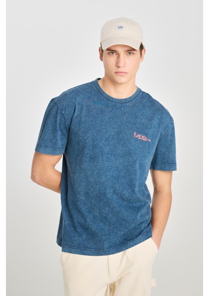 %100 Pamuk Relaxed Fit Geniş Kesim Bisiklet Yaka Baskılı Mavi Tişört