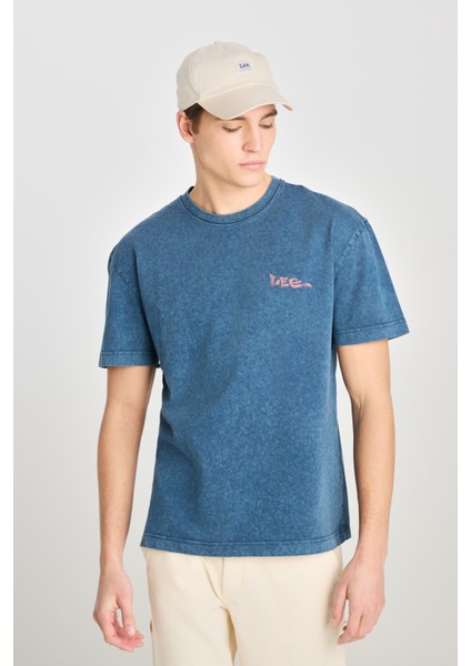 %100 Pamuk Relaxed Fit Geniş Kesim Bisiklet Yaka Baskılı Mavi Tişört indirimleri