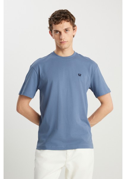 %100 Pamuk Relaxed Fit Geniş Kesim Bisiklet Yaka Minimal Logo Açık Mavi Tişört