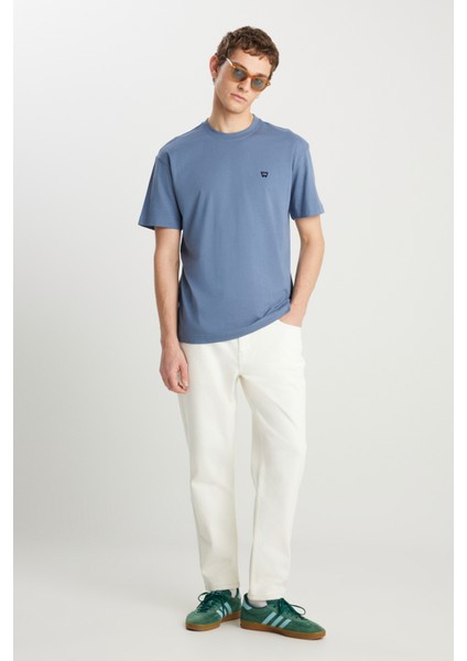 %100 Pamuk Relaxed Fit Geniş Kesim Bisiklet Yaka Minimal Logo Açık Mavi Tişört modelleri