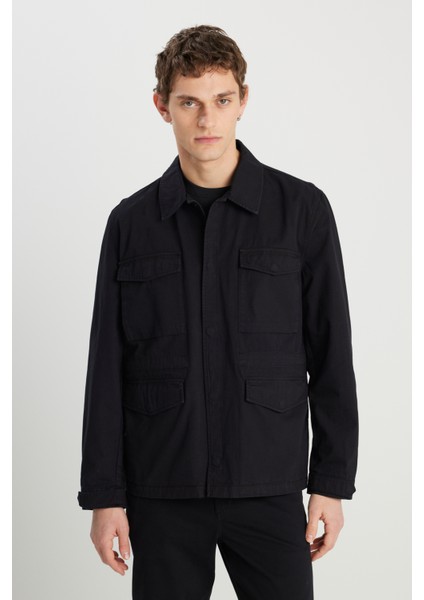 Regular Fit Normal Kesim %100 Pamuk Siyah Military Ceket