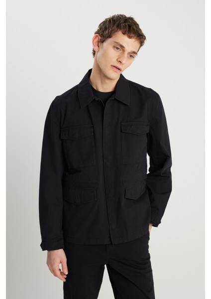 Regular Fit Normal Kesim %100 Pamuk Siyah Military Ceket