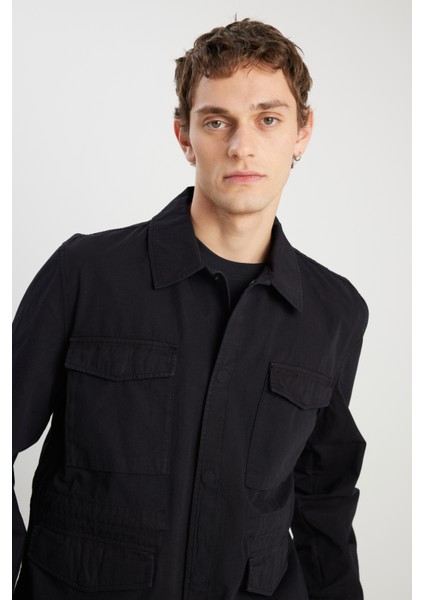 Regular Fit Normal Kesim %100 Pamuk Siyah Military Ceket