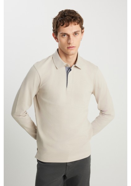 Regular Fit Normal Kesim Uzun Kollu Pamuklu Taş Rengi Polo Yaka Tişört