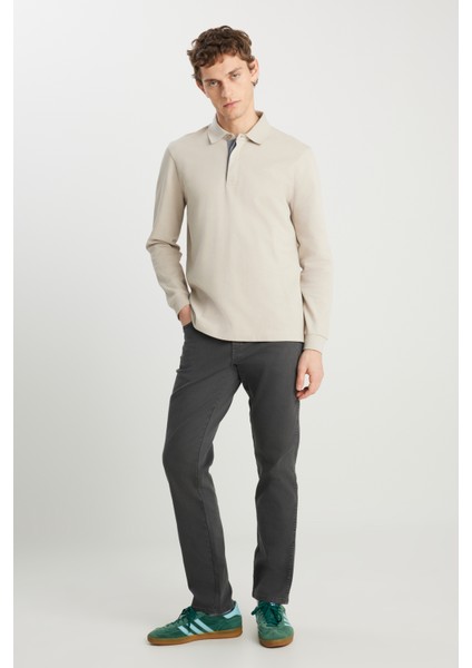 Regular Fit Normal Kesim Uzun Kollu Pamuklu Taş Rengi Polo Yaka Tişört