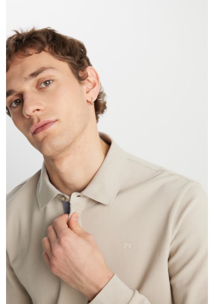 Regular Fit Normal Kesim Uzun Kollu Pamuklu Taş Rengi Polo Yaka Tişört