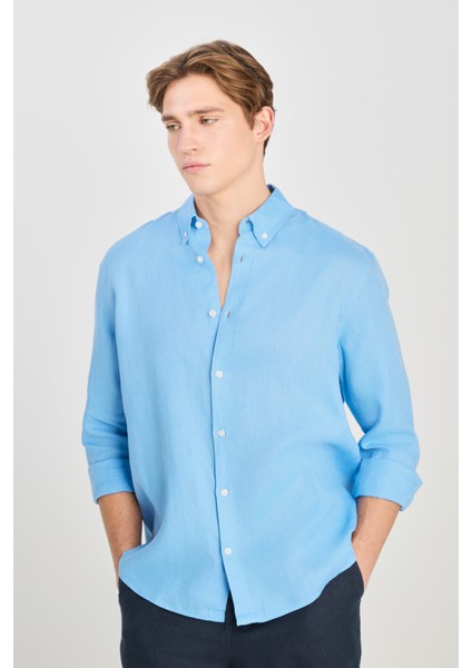 Regular Fit Normal Kesim Mavi Keten Gömlek
