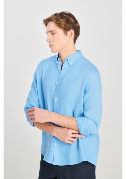 Regular Fit Normal Kesim Mavi Keten Gömlek fiyatları