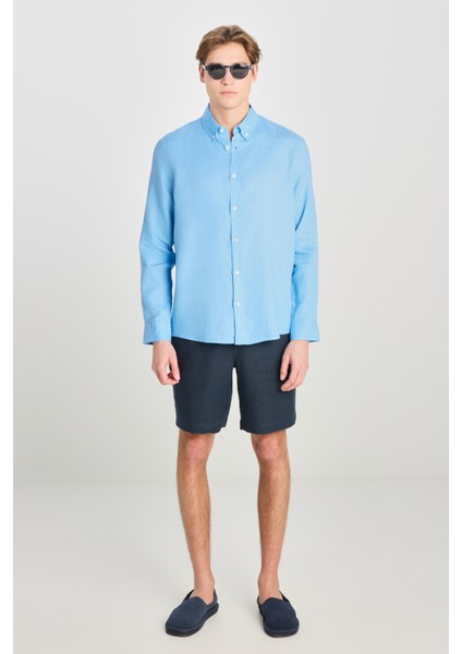 Regular Fit Normal Kesim Mavi Keten Gömlek modelleri