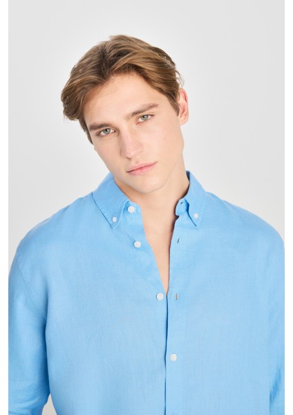 Regular Fit Normal Kesim Mavi Keten Gömlek fırsatları