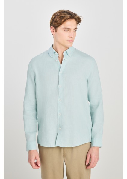 Regular Fit Normal Kesim Mint Yeşili Keten Gömlek