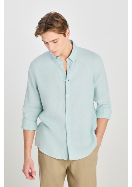Regular Fit Normal Kesim Mint Yeşili Keten Gömlek fiyatları