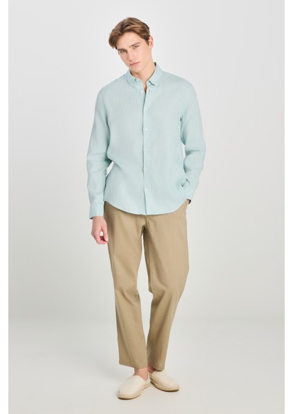 Regular Fit Normal Kesim Mint Yeşili Keten Gömlek modelleri