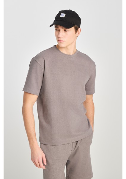 Relaxed Fit Geniş Kesim Bisiklet Yaka Gri Pamuklu Tişört