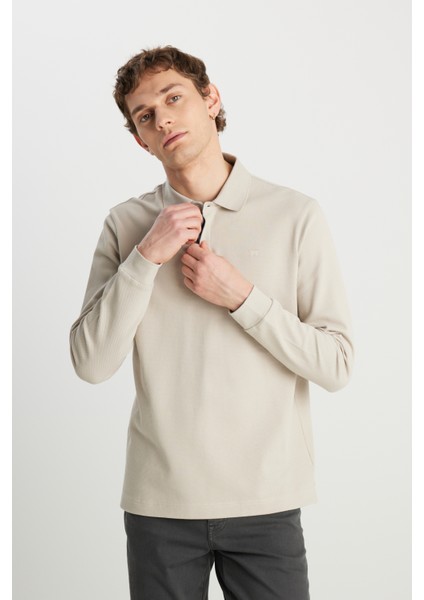 Regular Fit Normal Kesim Uzun Kollu Pamuklu Taş Rengi Polo Yaka Tişört