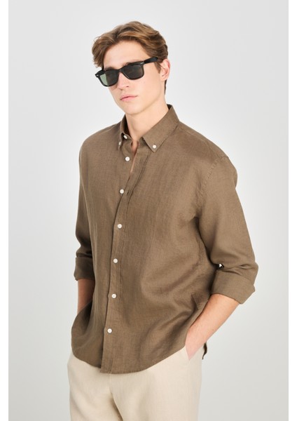 Regular Fit Normal Kesim Haki Keten Gömlek