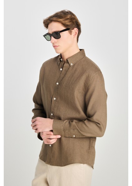 Regular Fit Normal Kesim Haki Keten Gömlek fiyatları