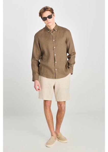 Regular Fit Normal Kesim Haki Keten Gömlek modelleri
