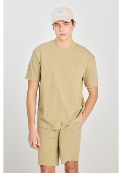 Relaxed Fit Geniş Kesim Bisiklet Yaka Pamuklu Açık Yeşil Tişört