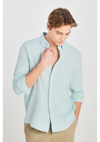 Regular Fit Normal Kesim Mint Yeşili Keten Gömlek fırsatları
