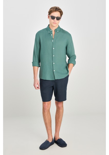 Regular Fit Normal Kesim Yeşil Keten Gömlek modelleri