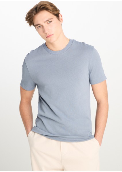 %100 Pamuk Relaxed Fit Geniş Kesim Bisiklet Yaka Mavi Basic Tişört