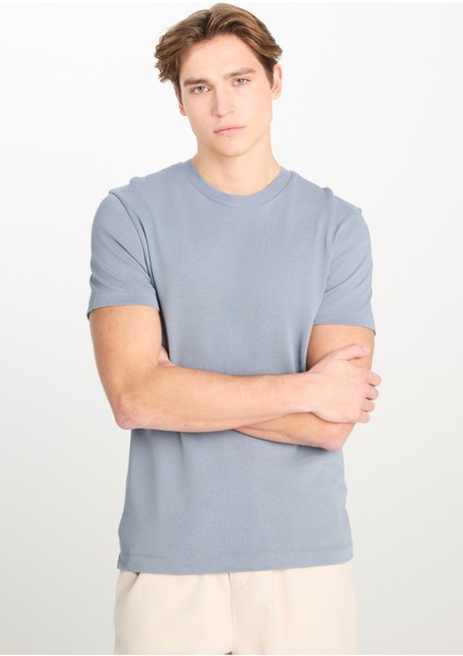 %100 Pamuk Relaxed Fit Geniş Kesim Bisiklet Yaka Mavi Basic Tişört fiyatları