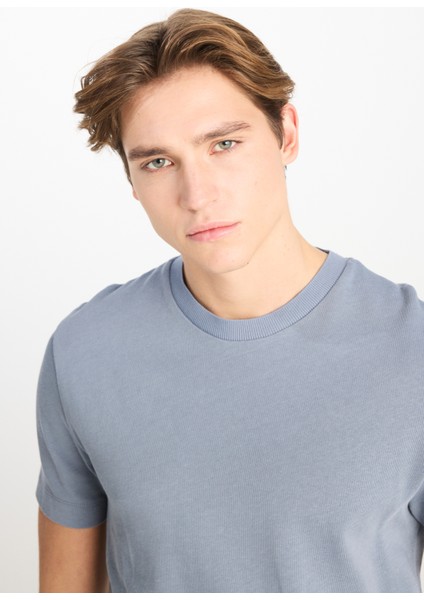 %100 Pamuk Relaxed Fit Geniş Kesim Bisiklet Yaka Mavi Basic Tişört fırsatları