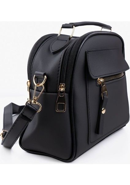 Şık Siyah Suni Deri 3 Bölmeli El ve Omuz Çanta, Ayarlanabilir Askı modelleri