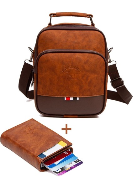 Şık kahverengi deri el ve omuz çanta ile mekanizmalı kartlık seti