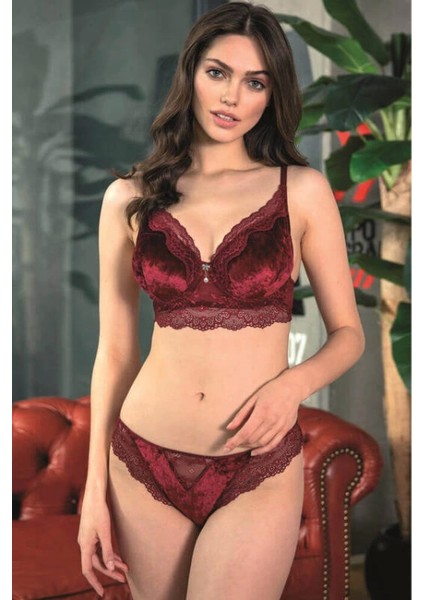 Kadife Balenli Destekli Dolgulu Dantelli Büstiyer Sütyen ve Slip Takım 4805 modelleri