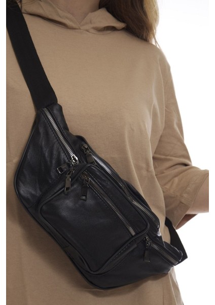 Uniseks Siyah Hakiki Deri Çok Cepli Bel ve Omuz Çantası