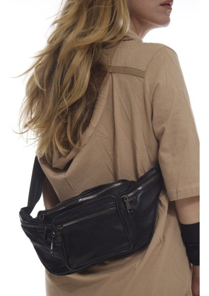 Uniseks Siyah Hakiki Deri Çok Cepli Bel ve Omuz Çantası fiyatları