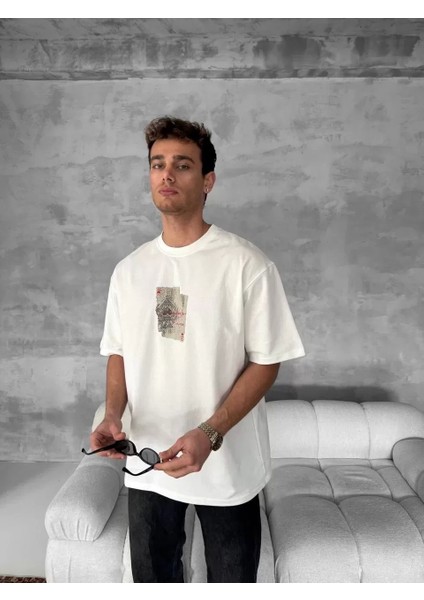Ön ve Arka Baskılı Oversize Bisiklet Yaka T-Shirt - Beyaz