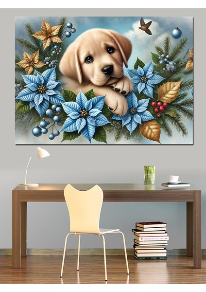 Çiçekler ve Yavru Köpek Dekoratif Kanvas - Mdf Ahşap Tablo
