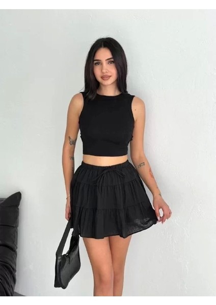 Keten Şortlu Etek - Siyah