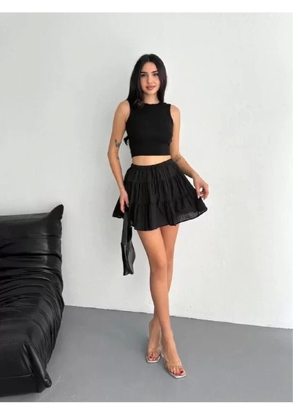 Keten Şortlu Etek - Siyah