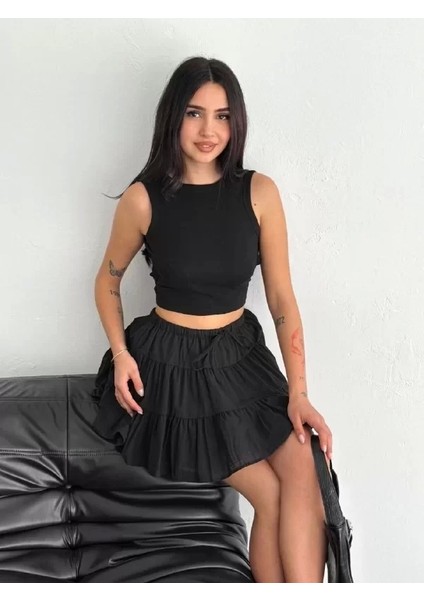 Keten Şortlu Etek - Siyah