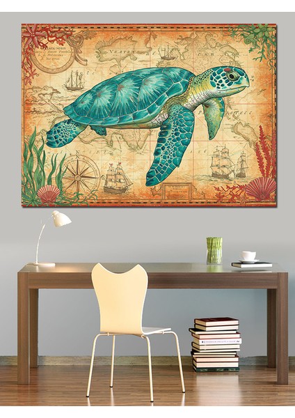 Haritalı Deniz Kaplumbağası Dekoratif Kanvas - Mdf Ahşap Tablo