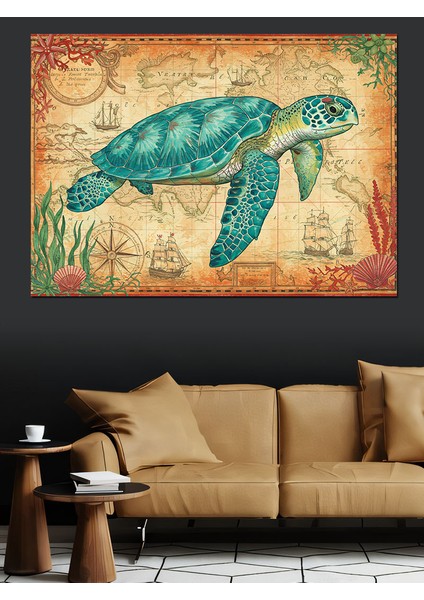 Haritalı Deniz Kaplumbağası Dekoratif Kanvas - Mdf Ahşap Tablo modelleri