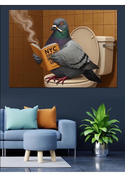 Tuvalette Kitap Okuyan Güvercin Dekoratif Kanvas - Mdf Ahşap Tablo