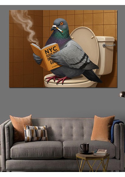 Tuvalette Kitap Okuyan Güvercin Dekoratif Kanvas - Mdf Ahşap Tablo fiyatları