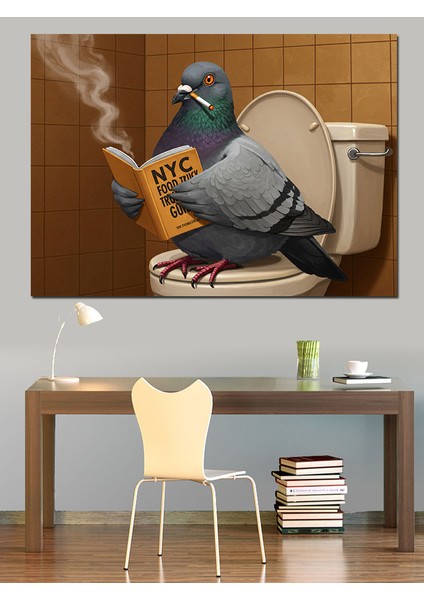 Tuvalette Kitap Okuyan Güvercin Dekoratif Kanvas - Mdf Ahşap Tablo modelleri