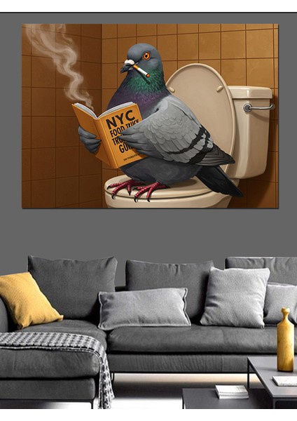 Tuvalette Kitap Okuyan Güvercin Dekoratif Kanvas - Mdf Ahşap Tablo fırsatları
