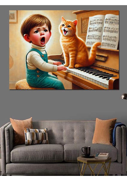Piyano Çalan Çocuk ve Kedi Dekoratif Kanvas - Mdf Ahşap Tablo