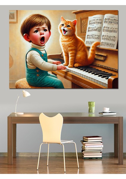 Piyano Çalan Çocuk ve Kedi Dekoratif Kanvas - Mdf Ahşap Tablo fiyatları